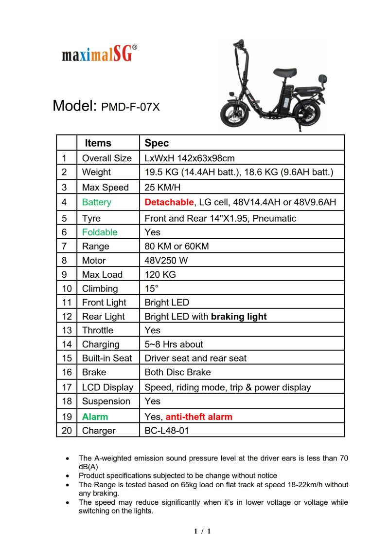 electric scooter escooter PMD-F-07X SPEC