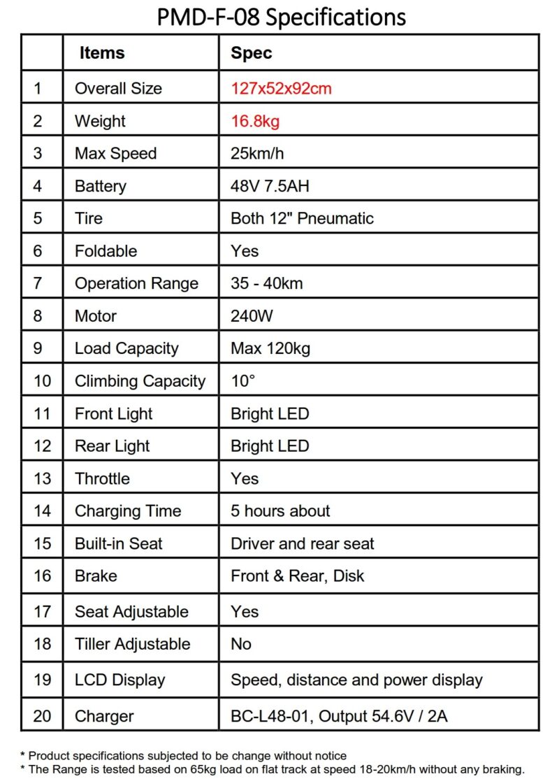 PMD-F-09S 7.5AH / PMD-F-08, 48V Foldable / Seated Electric Scooter - Image 3